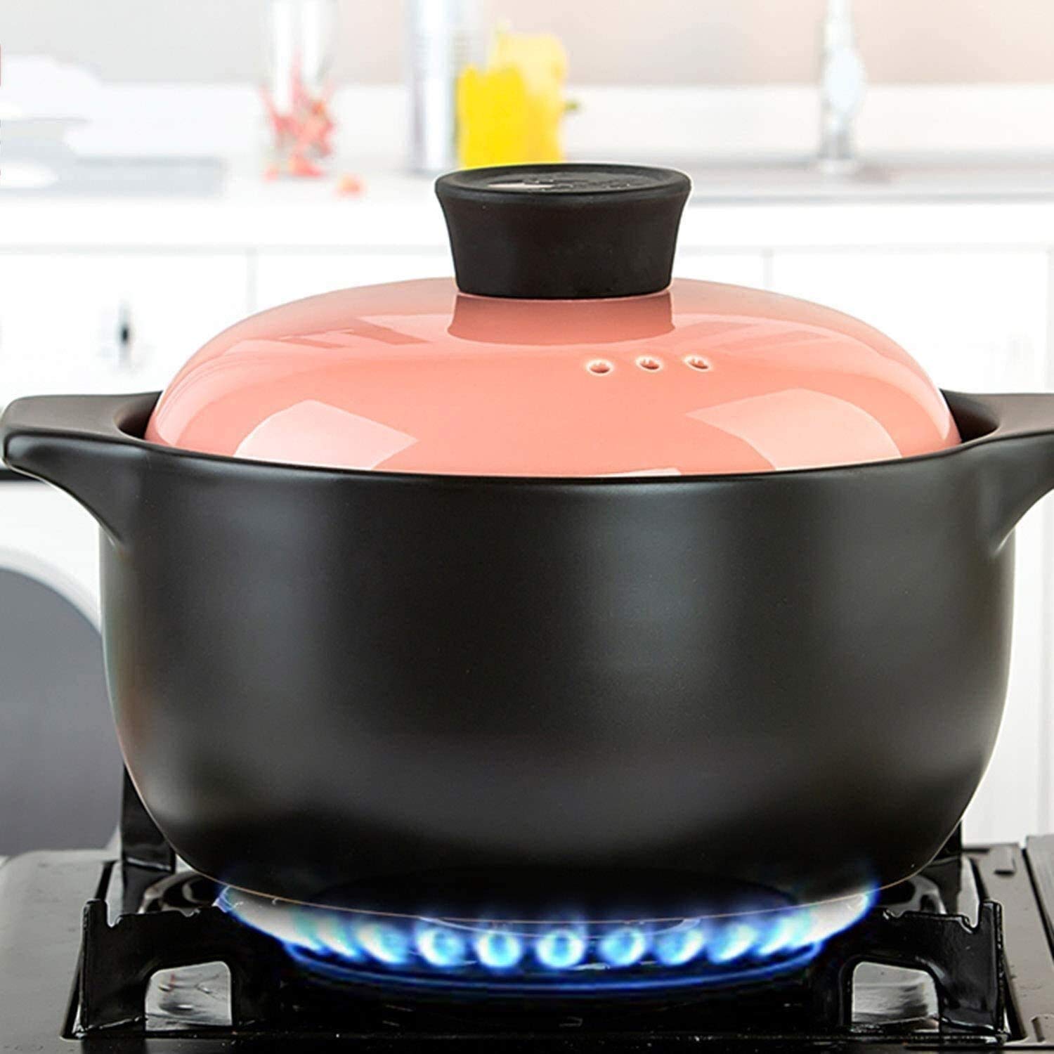 Cazuela clásica de cerámica refractaria con tapa, resistente a altas temperaturas, olla de fuego abierto, olla de piedra de alta capacidad, cacerola de cerámica para la cocina del hogar (color