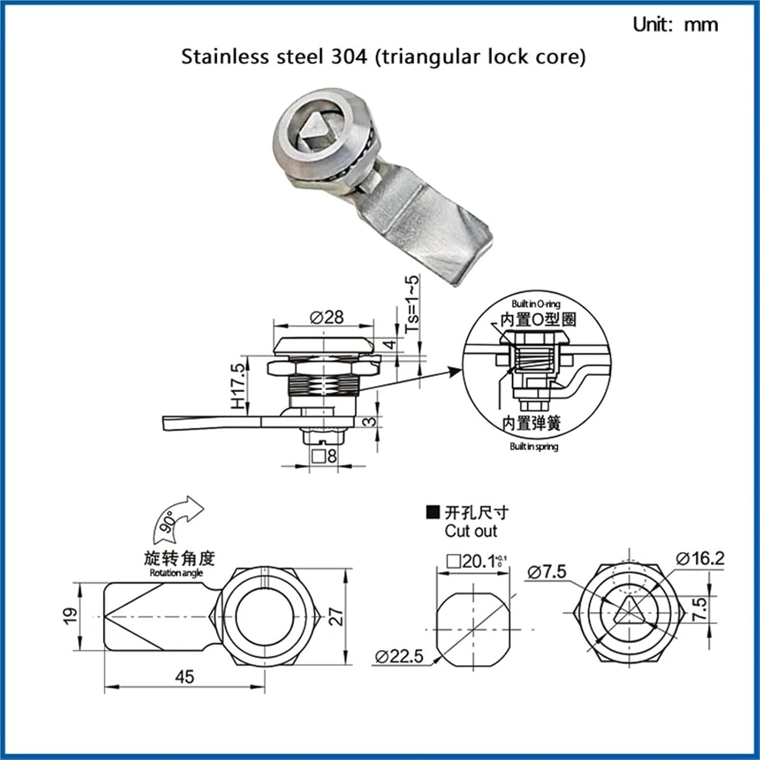 Square S-Shaped Cylindrical Or Triangular Industrial Equipment Electrical Box Cabinet Door Lock 1Pcs(Triangle Lock-SS)