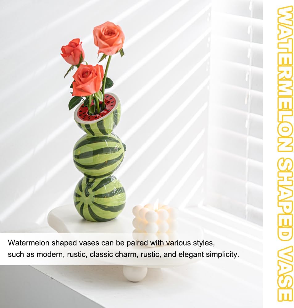 8.66 Inch Watermelon Ceramic Vase,Unique Fruits Shaped Vase with 3D Watermelon Design, Creative Fruit Flower Arrangement for Home Decorations, Green