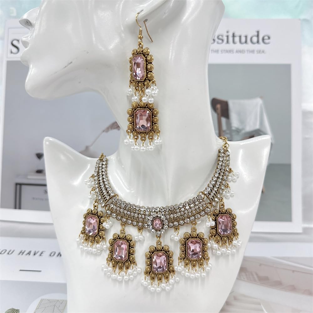 NewZenro Ethnic Rectangle CZ Beaded Tassel Dangle Drop Stud Earrings Choker Necklace Set for Women Vintage Indian Traditional Fashion Antique Bollywood Jewelry for Wedding Party