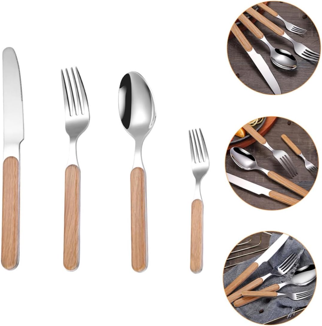 4pcs Retro Cutlery Set Stainless Steel Fork Spoon Set Wood Grain Handle Serving Spoons for Kitchen Utensils Charcuterie Party