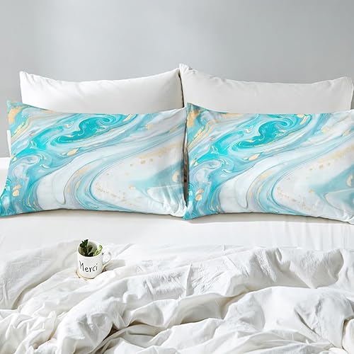 Miniatura 4 de Erosebridal - Juego de cama de 2 piezas con diseño de arte abstracto estampado de mármol verde azulado, para niños, niñas y mujeres, funda de