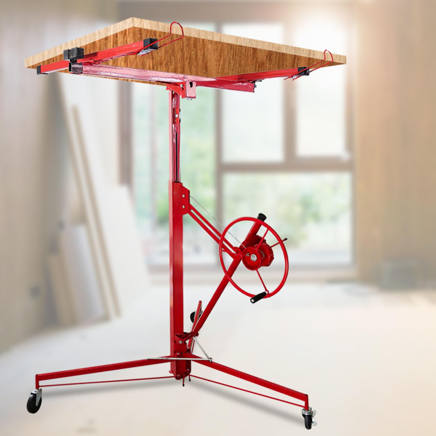 Fiqops Lève-plaque XXL jusqu'à 68 kg maximum pour plaques de plâtre de 140 à 350 cm - Hauteur de travail réglable en hauteur - Largeur du bras de charge maximale : 290 cm - Rouge