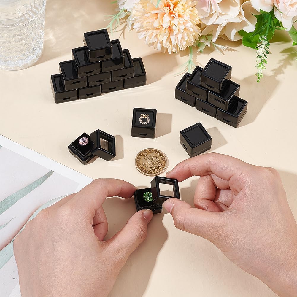 BENECREAT 70Pcs Black Gemstone Display Box, 0.78x0.78x0.63Inch Plastic Transparent Bare Stone Box Square Gem Box with Clear Top Lids for Gems Jewelry Packing
