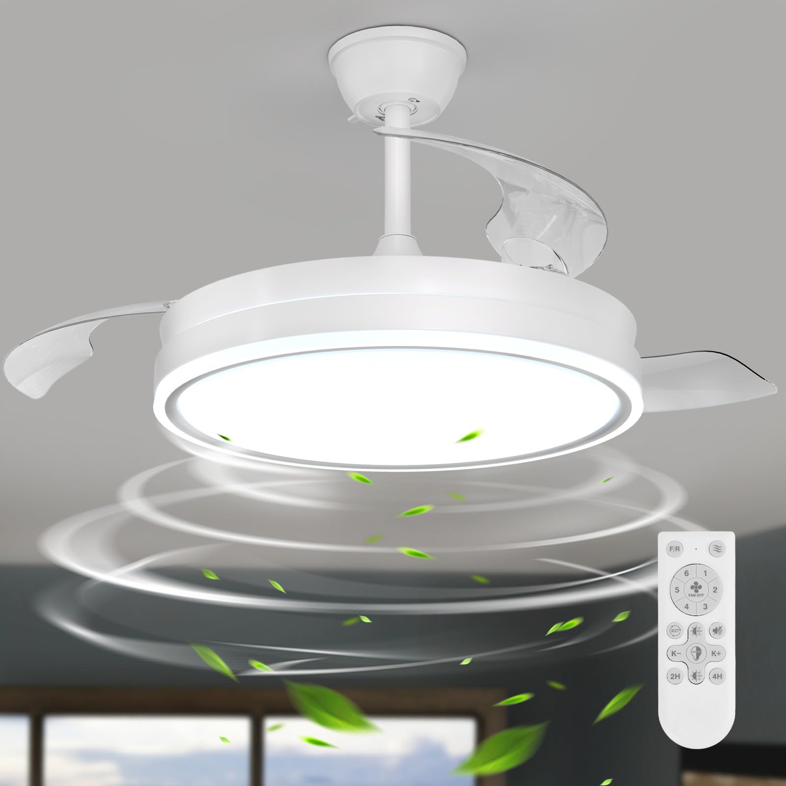 Dorlink Ventilatore da Soffitto con Luce 86CM,Telecomando,Pale Retrattili,Motore DC Silenzioso,6 Velocità, Reversibile, Dimmerabile,3000K-6500K,Reversibile,per Camera da Letto,Soggiorno,Bianco