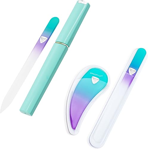 BONA FIDE BEAUTY Lima de uñas de cristal checo con estuche y limas ergonómicas de vidrio para uñas naturales en paquete verde pastel y violeta