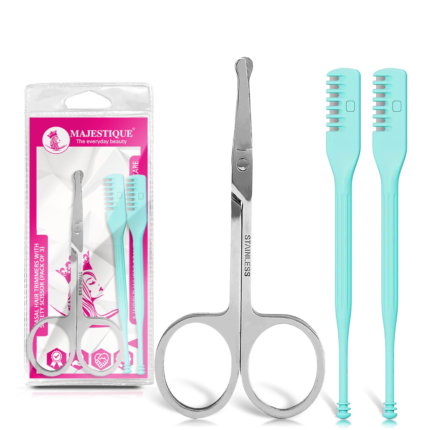Majestique Nasal Hair Trimmers With Safety Scissor | Manual Mini Portable Nose Hair Cutter | Stainless Steel | Nose and Ears Grooming Kits - 3Pcs/Multicolor (B0CSG5PVGK) Amazon Price History, Amazon Price Tracker