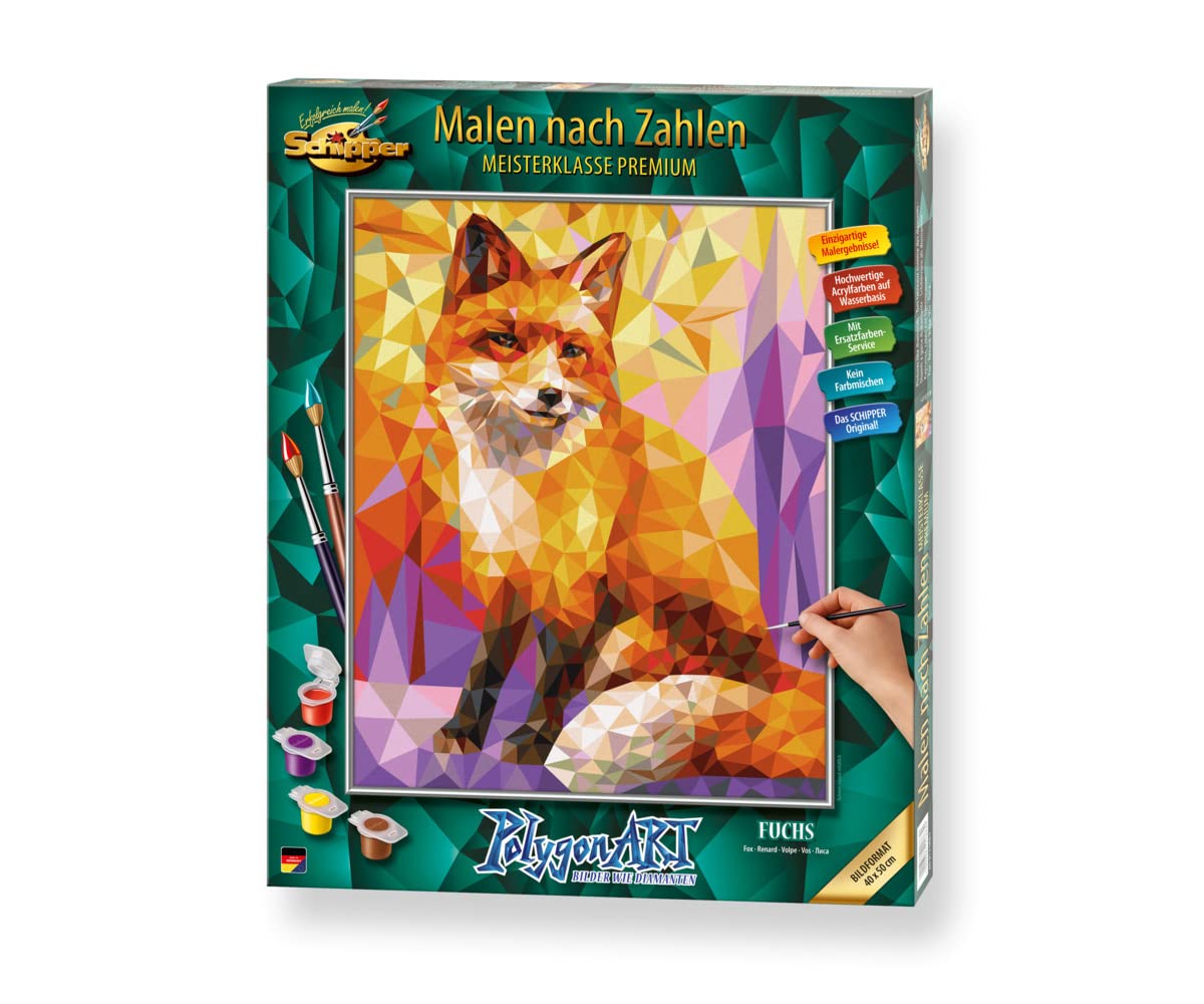 Schipper 609130863 Peinture par numéros – Polygone Art Renard – Tableaux de peinture pour adultes avec pinceaux et peintures acryliques 40 x 50 cm