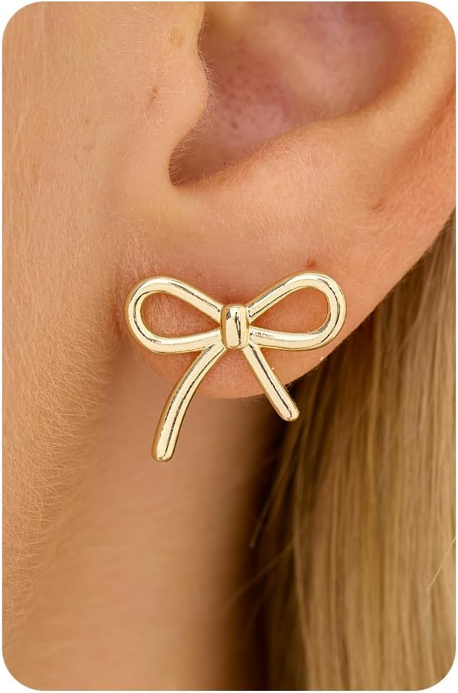 Bow Earrings for Women - 14K Gold/White Gold Plated Cute Coquette Bow Jewelry Ribbon Earrings Trendy Gift