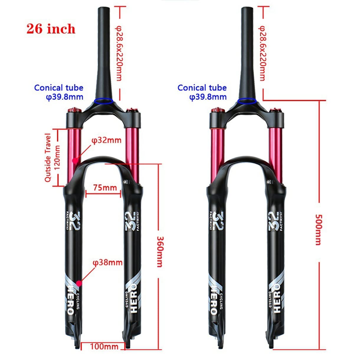 Widelec MTB 26/27,5/29 cali z ręcznym/zdalnym zamkiem, skokiem sprężyny 100 mm, zawieszenie pneumatyczne, QR 9 * rurka stożkowa, stop magnezu do (kolor: zdalny, rozmiar 26 cali)