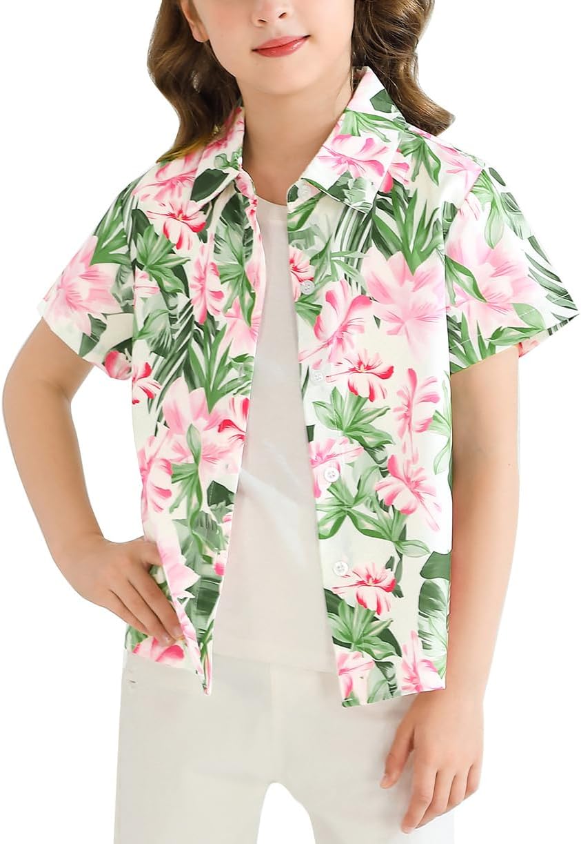 Boy Girl Hawaiian Shirt Tropical Button Down Blouse Summer Casual Beach Shirt Kid Short Sleeve Top Size 5-14 Years