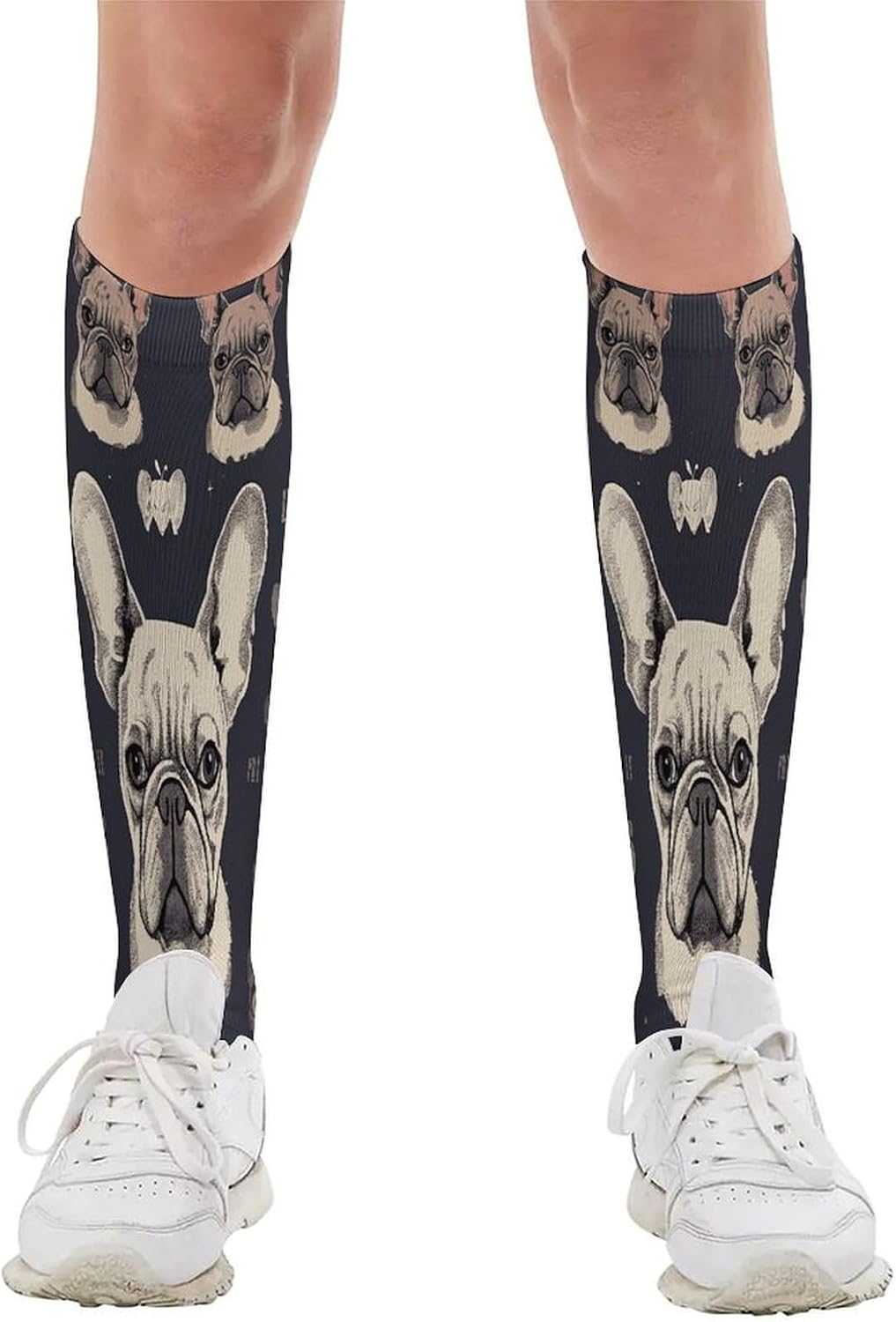 I Love French Bulldog Compression Socks for Man Women Breathable Knee High Tube Socks Baseball Football Sock Over The Calf Sock Circulation Support for Running Travel Athletic Daily Wear