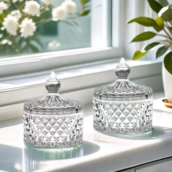 Image of Stylish Home Decor Crystal Clear Glass Sugar Candy Mukhwas Jar Bowl Pickle Storage Container Pot with Lid CRYSTAL CANDY JAR. (CANDY JAR 3.5 BIG)