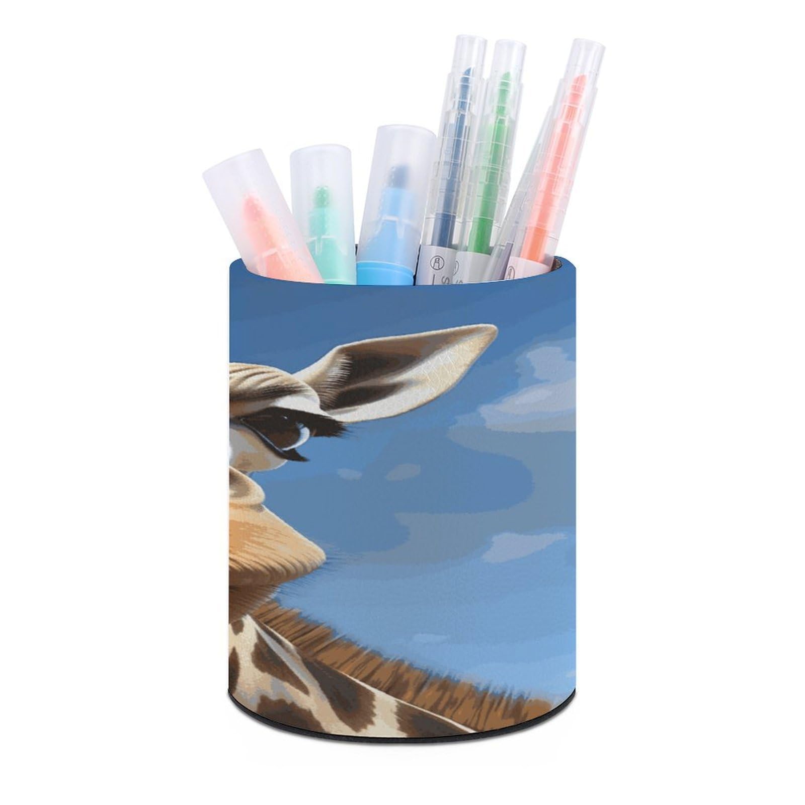 JTREHY Funny Giraffe Pen Holder Round Pen Pencil Holder Makeup Brush Holders Cup PU Leather Pencil Cups Desktop Caddy Stationery Organizer Case Office Accessories Container Box