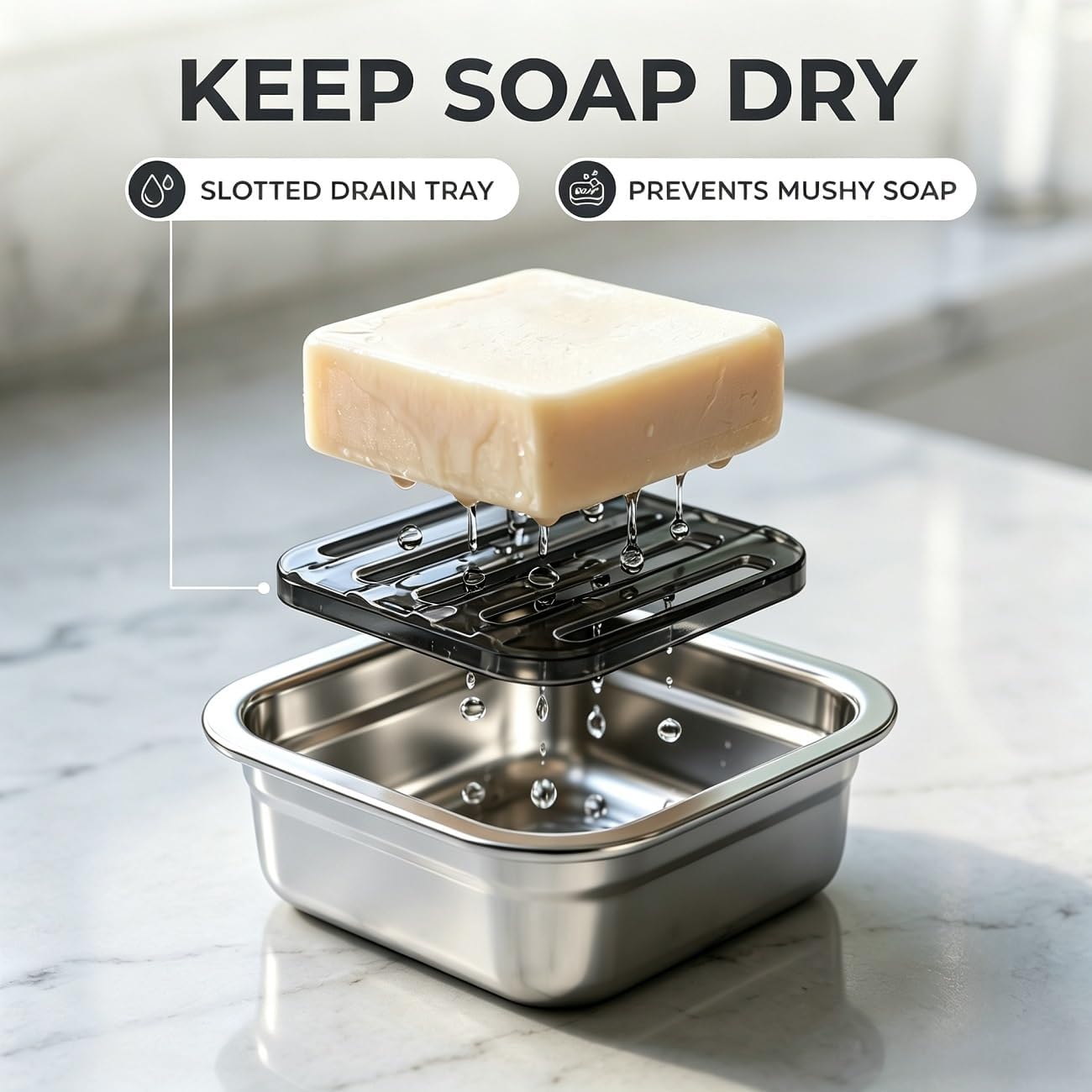 Stainless Steel Travel Soap Case, Airtight Snap Lock Lid Leak Proof Soapbox, Built-in Drainage Rack Dry Fast Shampoo Bar Soap Holder for Shower, Gym, Camping (Square) image 3