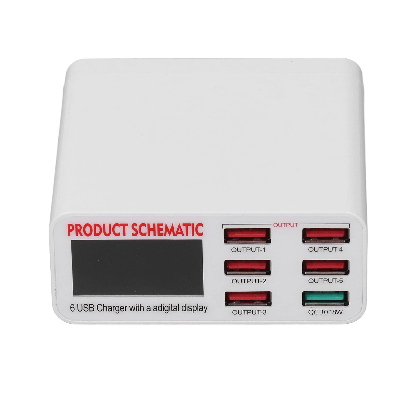 Cocoarm Blocco Caricabatterie USB a 6 Porte, Display Digitale per PC ABS Testa Caricabatterie Intelligente USB CA da 110 a 240 V, Stato di Carica in Tempo Reale, Ricarica Multi Dispositivo per
