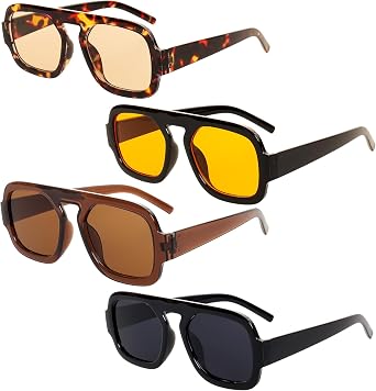 Gvhntk 4Pcs Trendy Square Aviator Sunglasses for Women Men Retro 70s Flat Top UV Protection Sun Glasses Vintage Shades