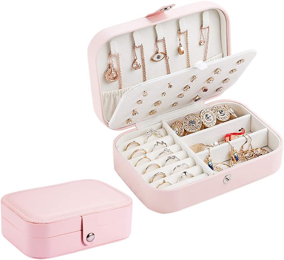 Obling Jewelry Box for Women Girls, Portable Double Layer Jewelry Organizer Box for Rings Earrings Necklace Bracelets, Jewelry Organizer, Jewelry Case Travel-Pink