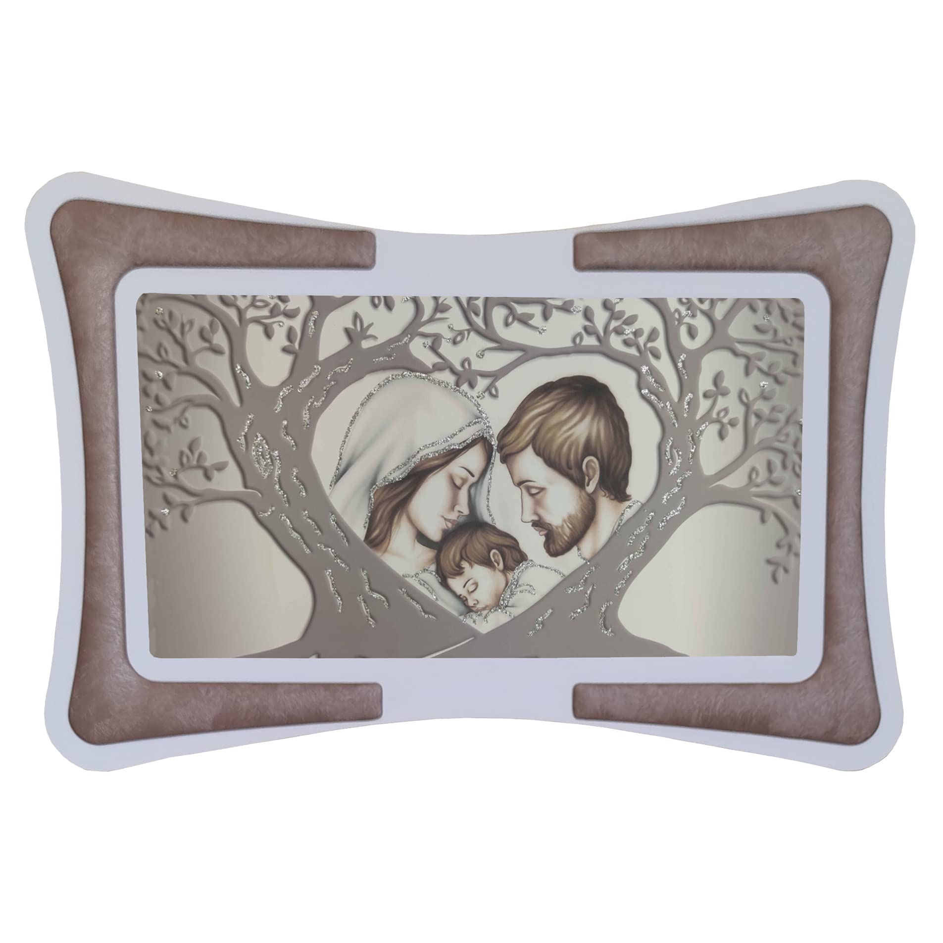 Quadro Albero della Vita Sacra Famiglia con Cornice in Ecopelle Bianca con Inserto Imbottito Fili Argento o Rame e Brillante Oro; Regali utili Originali e a Prezzi Bassi (Argento-Rame 60x90cm)