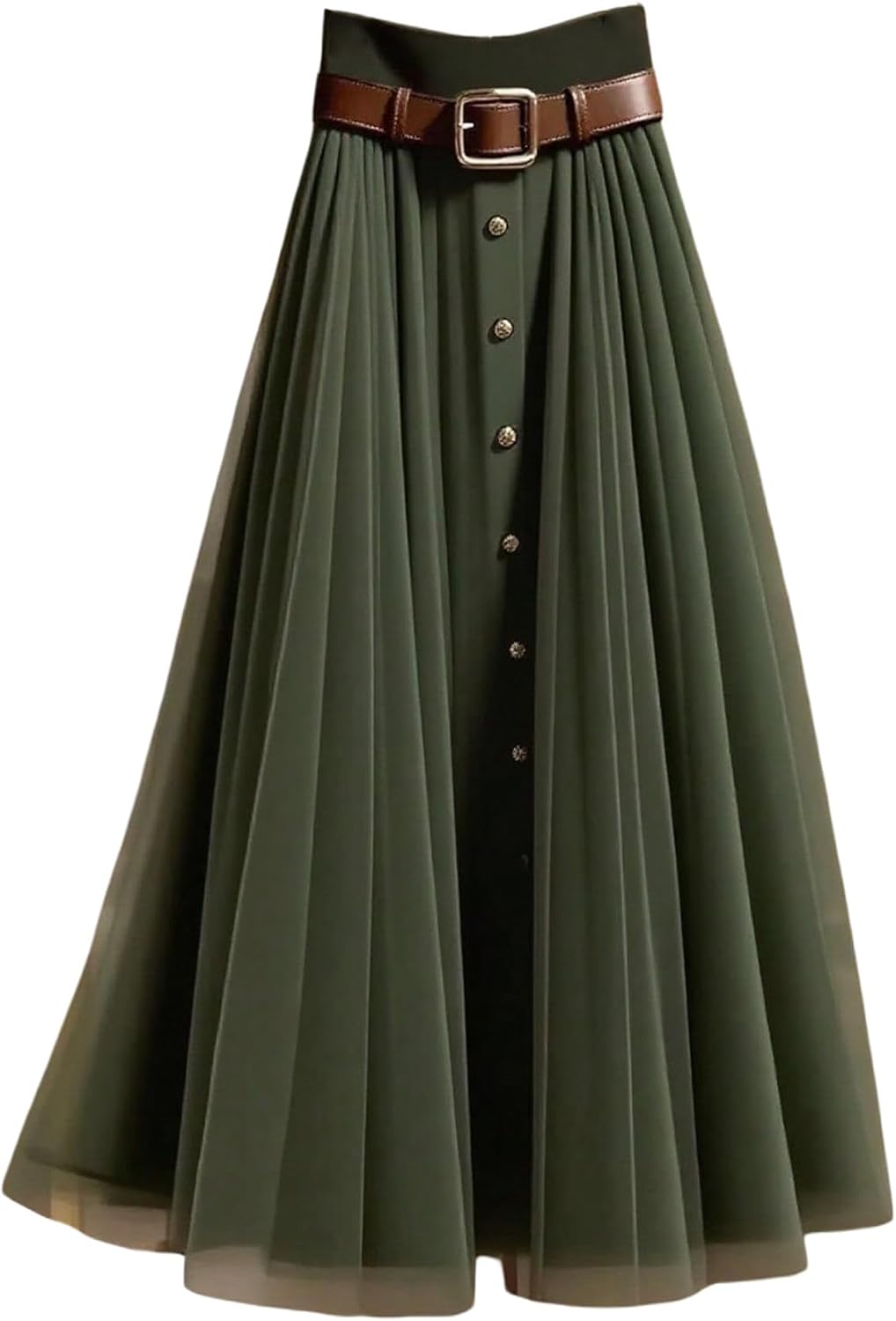 GORGLITTER Women's Mesh Pleated Long Flowy Skirt Fall Boho Color Block Patchwork High Waisted Button Down Maxi Skirts