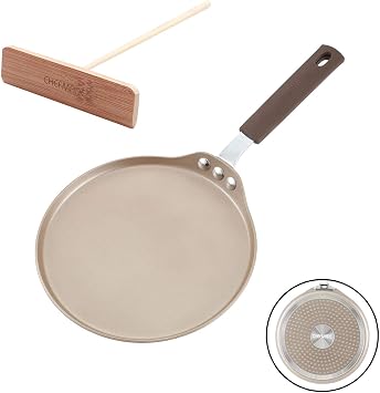 CHEFMADE Crepe Pan with Bamboo Spreader, 8-Inch Non-Stick Pancake Pan with Insulating Silicone Handle for Gas, Induction, Electric Cooker Champagne Gold
