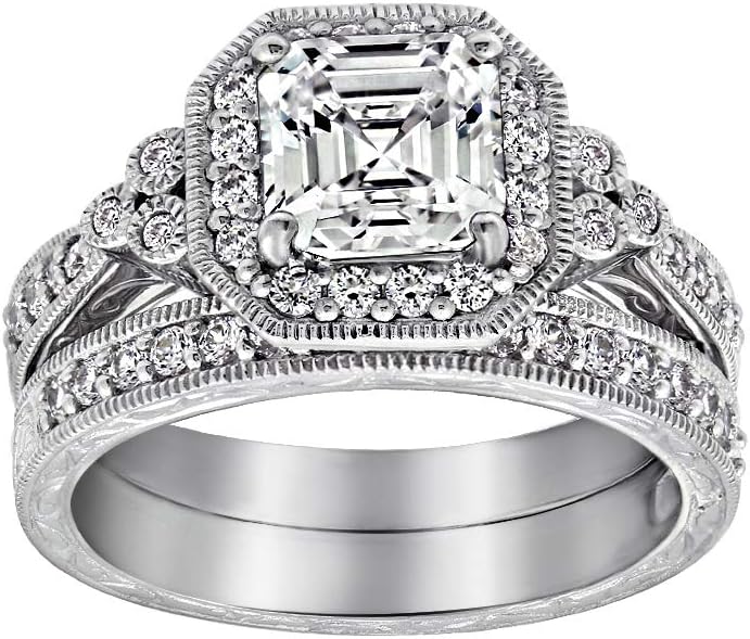Amazon Essentials Platinum or Gold Plated Sterling Silver Antique Ring set with Asscher-Cut Infinite Elements Cubic Zirconia