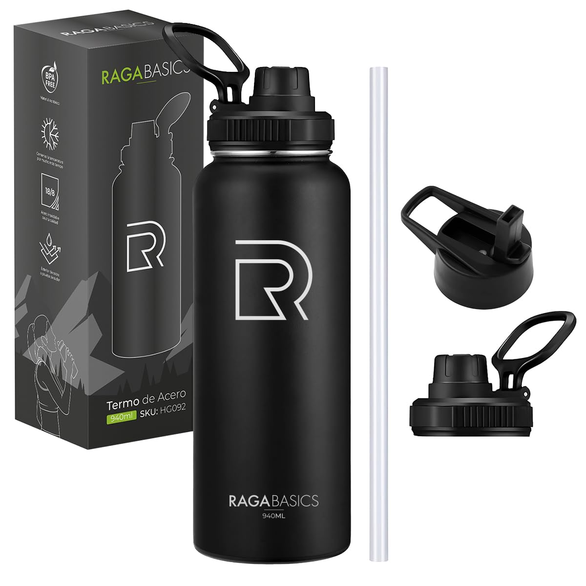 Raganet, Termo de Acero Inoxidable Doble Pared de 940ml, Botella de Agua Termica con 2 Tapas, Mantiene Agua Fría 24 horas y Caliente 12 horas, Tapa Hermética, Asa para Transportar (Negro)