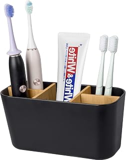 Toothbrush Holders for Bathrooms, Bamboo Tooth Brush Holder with 5 Slots Bathroom Vanity Organizer Countertop for Electric Toothbrushes, Toothpaste, Razors - Black