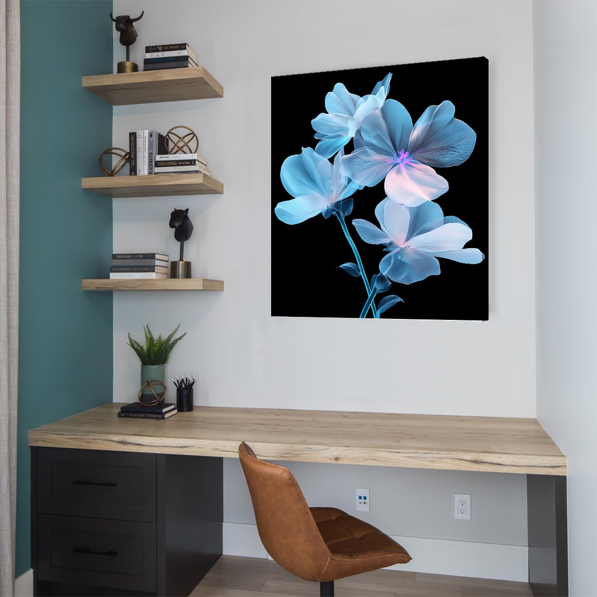 CHERHERART Niebieski kwiatowy płótno sztuka ścienna abstrakcyjny obraz na płótnie wiosenny kwiat nowoczesny plakat botaniczny do salonu sypialni jadalni 65 x 85 cm rama wewnętrzna