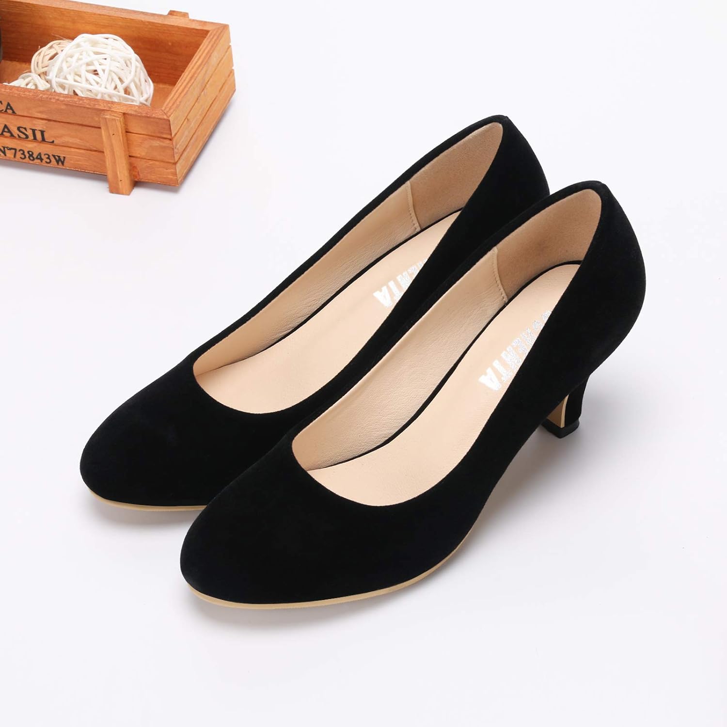 OCHENTA Women's Low Kitten Heels Round Toe Slip On Comfort Dress Shoes Pumps Office Velvet Black 11 - Image 2