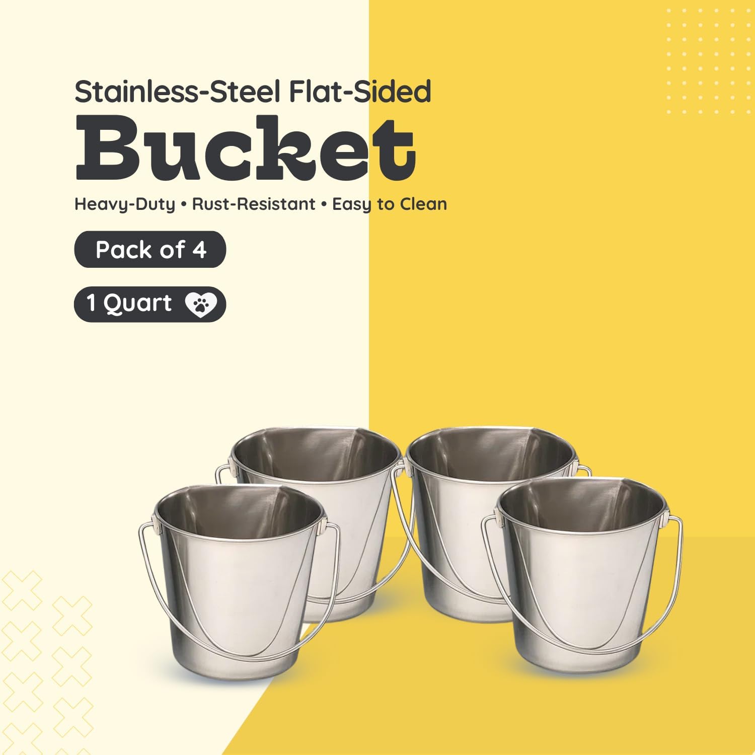 Flat Sided Stainless Steel Hanging Bucket, 1 Quart (0.25 Gallon), 4 Pack, Heavy Duty Kennel Cage Food & Water Pail for Small Dogs, Cats, Birds & Pets, Durable, Easy to Clean Feeder