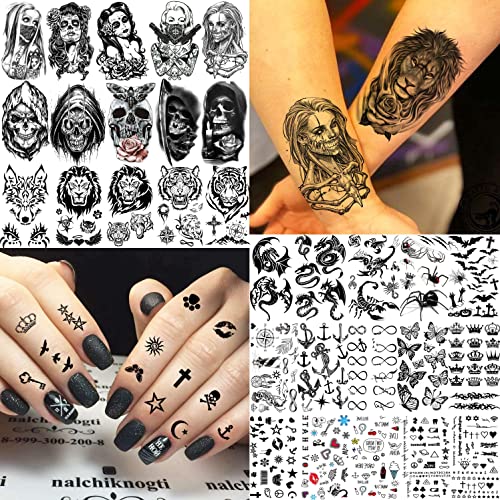 Rejaski 60 Sheets Ferocious Lion Tiger Temporary Tattoos For Men Women Arm Neck, Scary Devil Skull Skeleton Fake Tattoos For Adult Teens Halloween, Black 3D Wolf Dragon Realistic Tatoo Sticker Forearm #TOP1