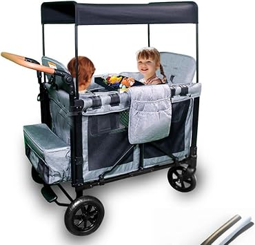 Carry Wagon, Stroller Wagon with Roof, 2 Seaters, Foldable, Carry Wagon, Nursery Stroller with Roof, Rain Cover, Convert Type, No Assembly Required, For Ages 1 - 7 Years, Easy Carry, Large Outdoor Wagon Gray, 4 Seats