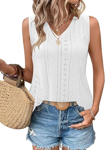 WNEEDU Camisetas sin Mangas para Mujer Camiseta Holgada sin Mangas con Cuello en V de Verano con Bordado de Ojales y Camisetas con Aberturas Laterales Camisetas Blanco XL