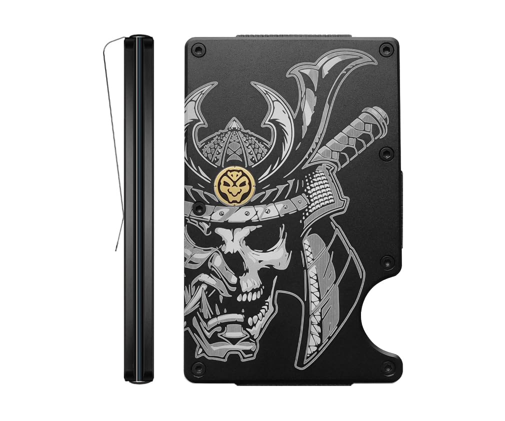 WUWTINGT Japanese Samurai Helmet Skull Mask Aluminum Wallet for Men with Brass Inlay and Engraved Finish Metal Money Clip RFID Blocking Credit Card