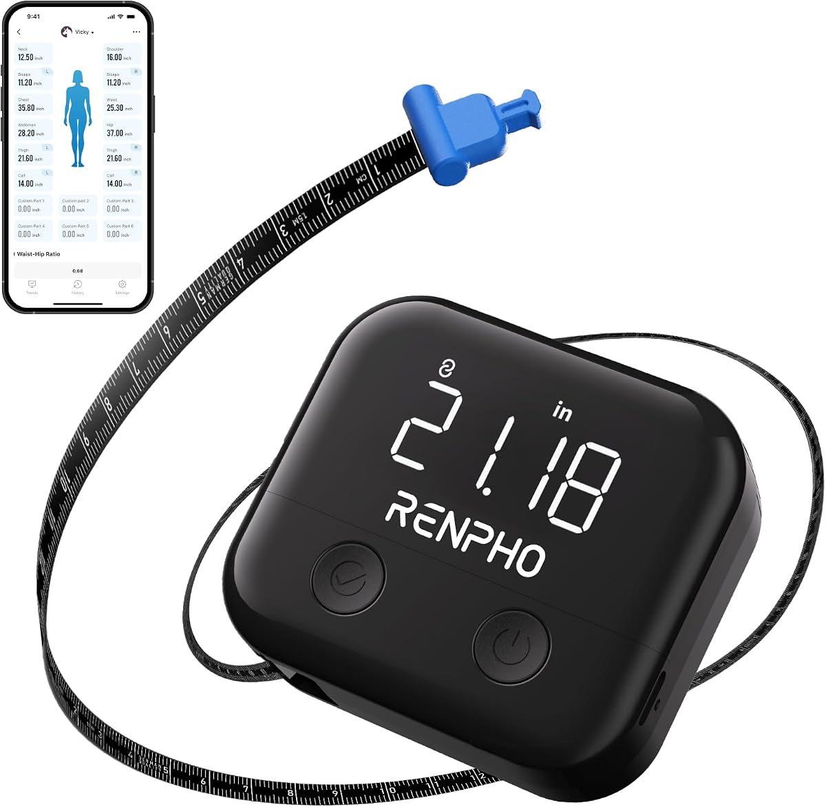 Smart Body Measuring Tape for Weight Loss, Rechargeable, LED Display | Tracks Body Measurements for Fitness, Retractable, Multi-Metric Tracking, Gym Accessories, Workout Gifts, 60in /150cm