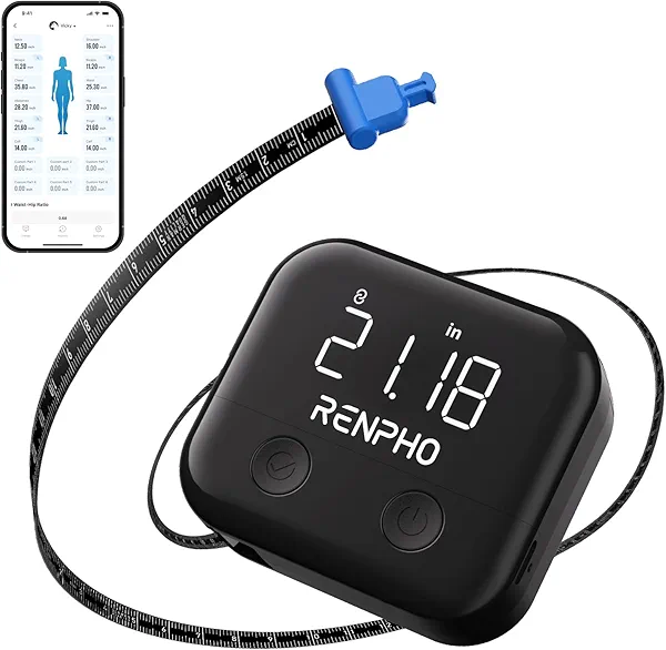 RENPHO Smart Body Measuring Tape, Rechargeable Tape Measure with LED Display, Measuring Tape for Body Measurements with App for Weight Loss & Fitness Shape, Retractable, 60in /150cm, Black
