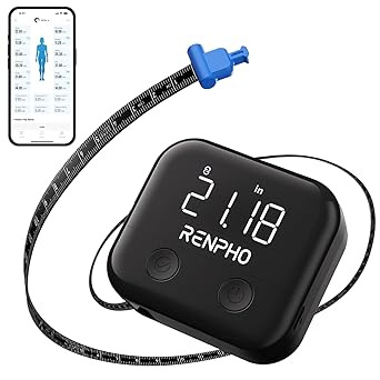 شريط قياس الجسم الذكي RENPHO، شريط قياس قابل لإعادة الشحن مع شاشة LED، شريط قياس لقياسات الجسم مع تطبيق لفقدان الوزن وشكل اللياقة البدنية، قابل للسحب، 60 بوصة/150 سم، أسود