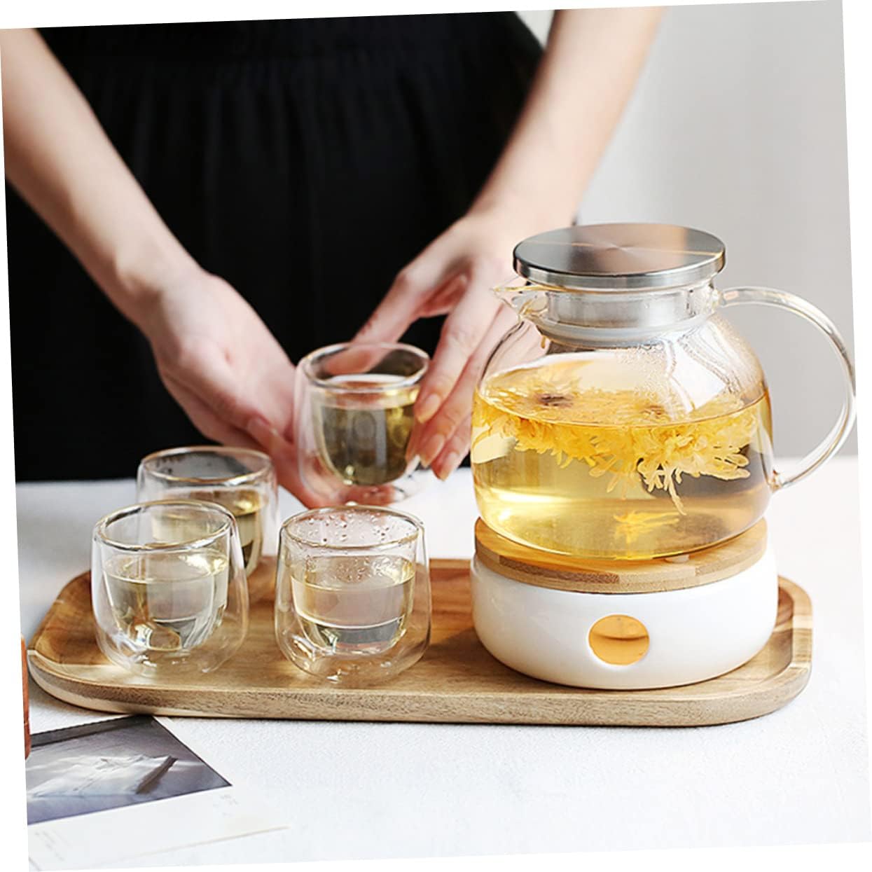 2pcs Glass Teapot Warmer Includes Bamboo Lid Teapot for Tea Scented Drinks