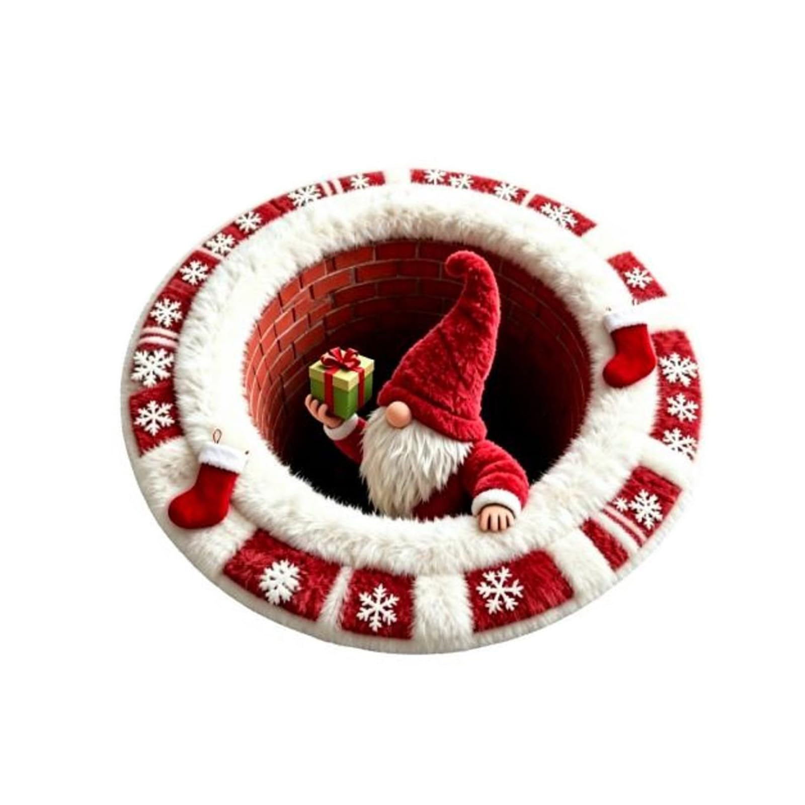 3D-Effect Christmas Rug, Optical Illusion Round Mat with Santa Vortex Design, Non-Slip Winter Floor Rug with Faceless Santa, Christmas Carpet for Home Living Room Christmas Decor, A