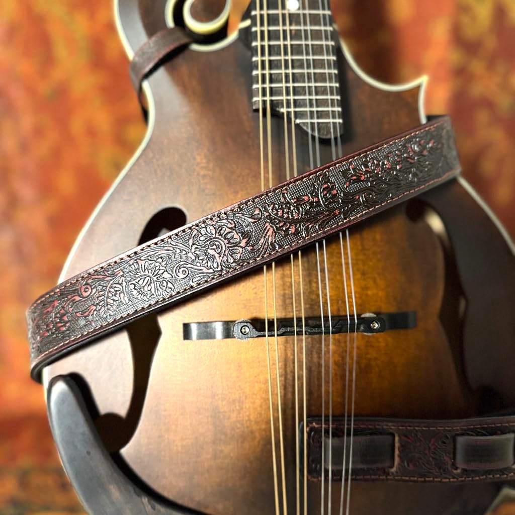 Walker And Williams M-21-RD Mahogany Red Leather Premium Padded Mandolin Strap With Sheridan Design, For Mandola, Bouzouki or Ukulele. For F And A Type Mandolins