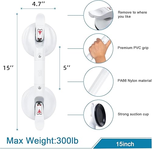 Miniatura 2 de Barra de agarre de ducha con succión de 15 pulgadas, barra de mango de ducha portátil, mango de succión para bañera con ajuste de ventosa de