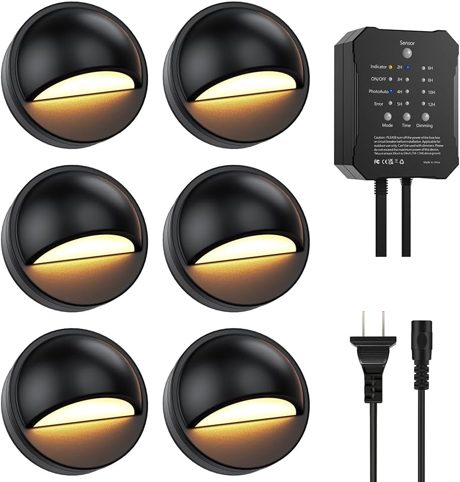 SQEDT Low Voltage Warm White Deck Lights with Transformer Photocell Sensor Dimmable and Timer IP67 Waterproof Fence Lights for Outdoor Garden Patio Landscape Holiday Decoration Lighting 6Packs