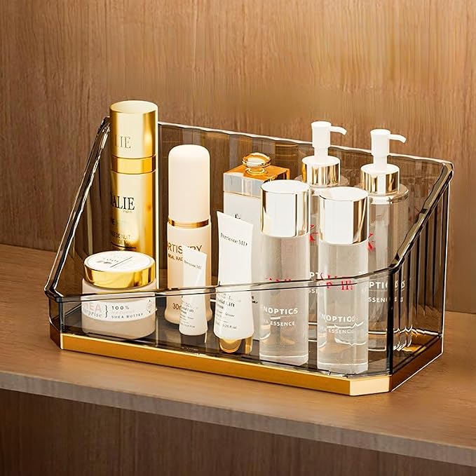 Bathroom Cosmetic Organizer for Medicine Cabinets, Clear Makeup Brush Holder Lipstick Skincare Storage Box, Adhesive Floating Shelves for Vanity Wall Countertop (Clear Gray,Cabinet Organizer)