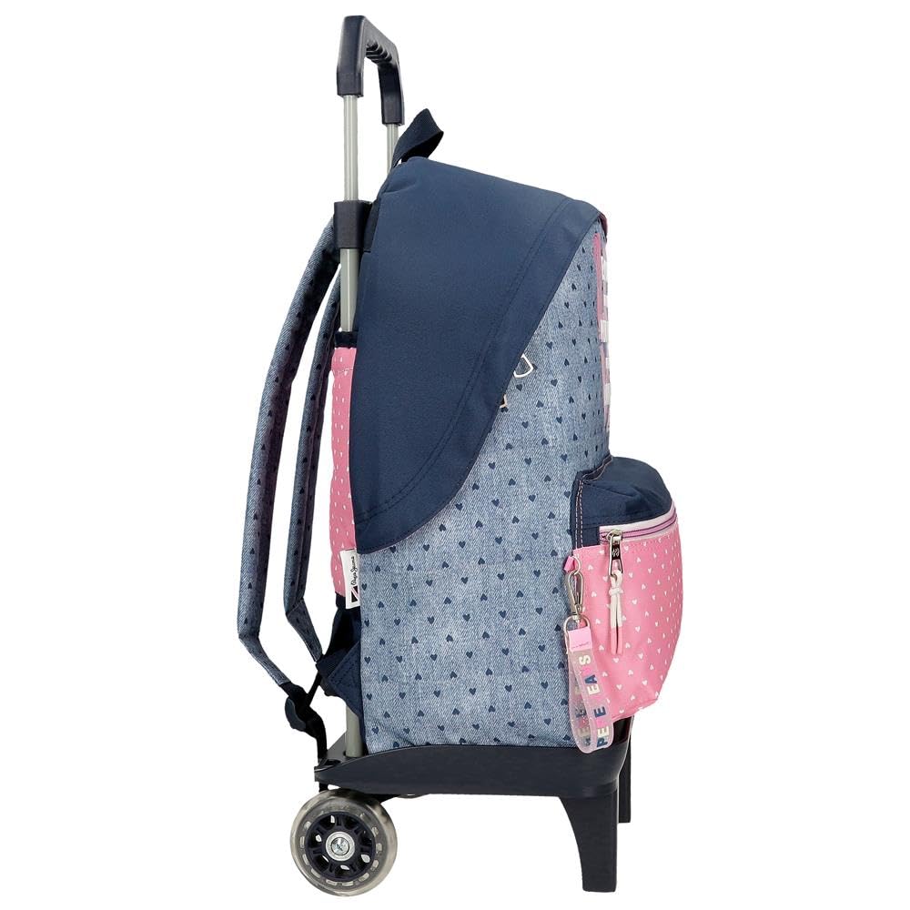 Pepe Jeans Noni denim Mochila escolar, azul y rosa, fabricada en Poliéster, Tirantes ajustables para llevarla cómodamente, varios compartimentos, Con llavero pompón, de Joumma Bags