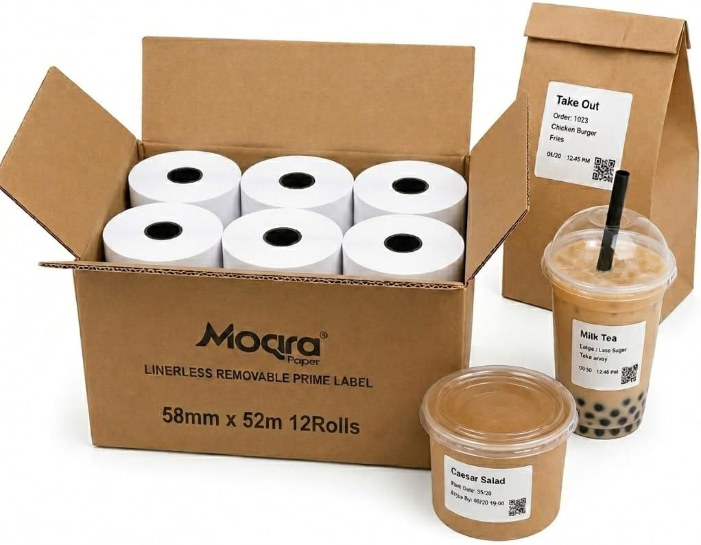 Moqra BPA Free Sticky Thermal Receipt Paper Rolls (58mm) 2 1/4" x 170'- 6 Rolls Liner-Free Label Compatible with TM-L90ii Other Linerless Label Printers. Works with POS Systems (6 Rolls/Case) image 4