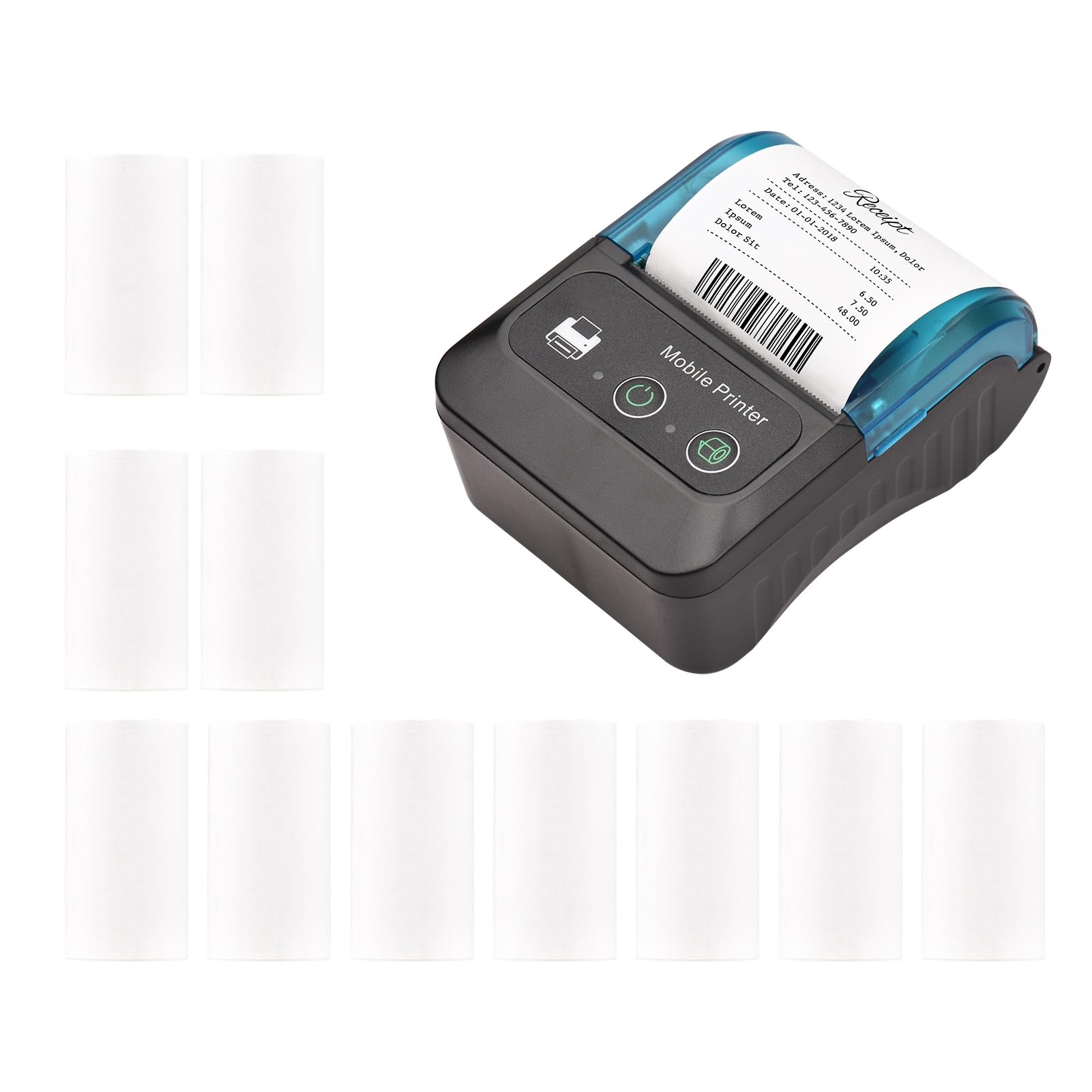 Thermo Belegdrucker, 58 mm Mini Tragbarer Thermodrucker Taschendrucker mit 11 Rollen Thermopapier, USB Verbindung und Kabelloser BT, für Büro Supermarkt Restaurant