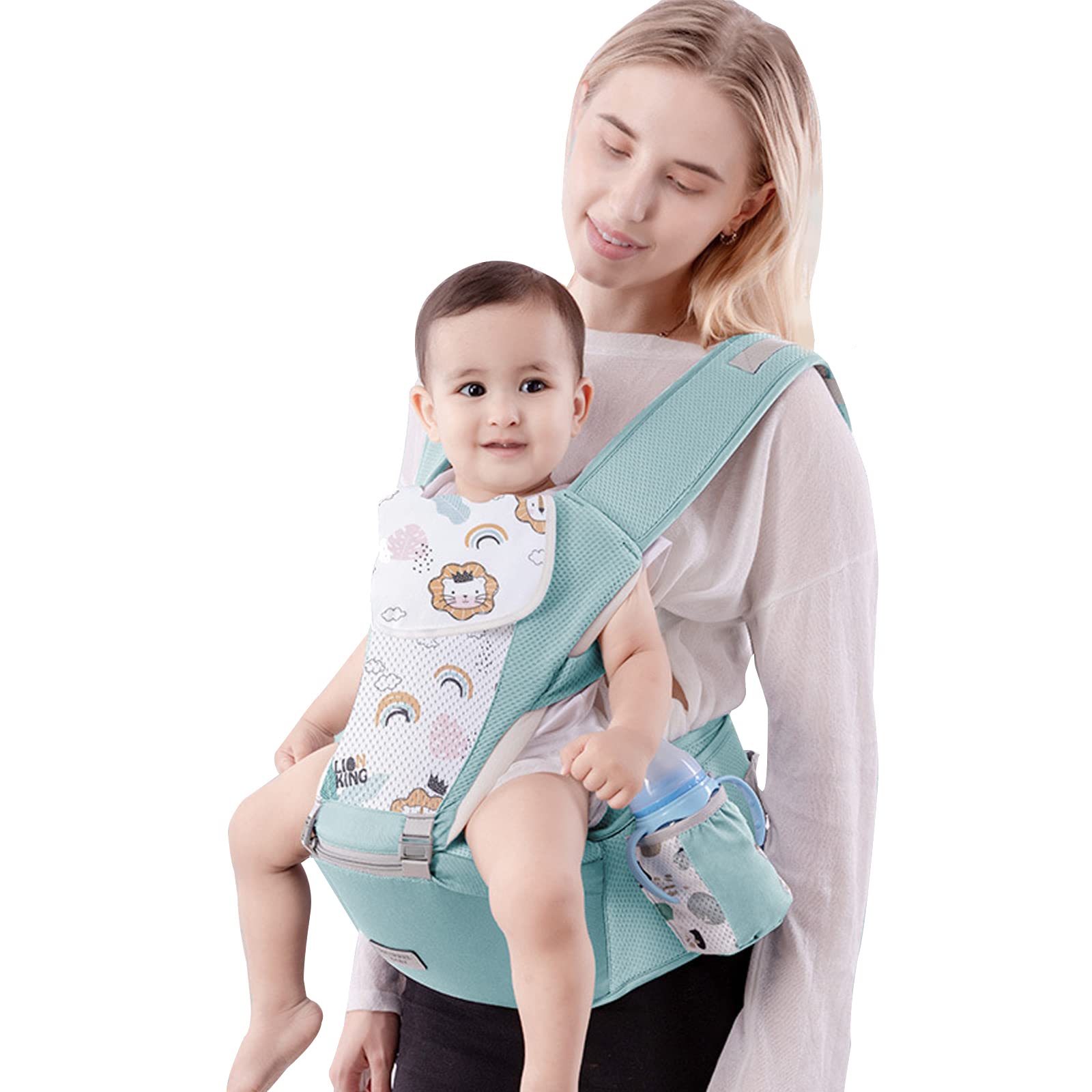 SONARIN Multifunzione Marsupio Neonati con Sedile,Cotone Portantina Ergonomico Porta Bambino Traspirante con Bavaglino,Regolabile per Neonati Bambini 0-36 Mesi,Tutte le Posizioni(Verde)