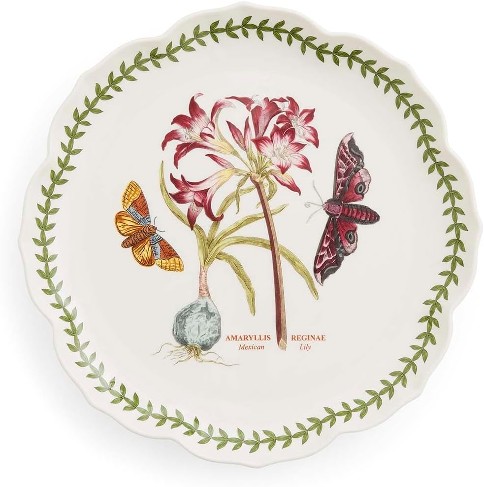 Portmeirion Botanic Garden Mexican Lily Lotus Dinner Plate 11.25" - Porcelain Botanical Dish with Butterflies, Microwave Oven Dishwasher Safe