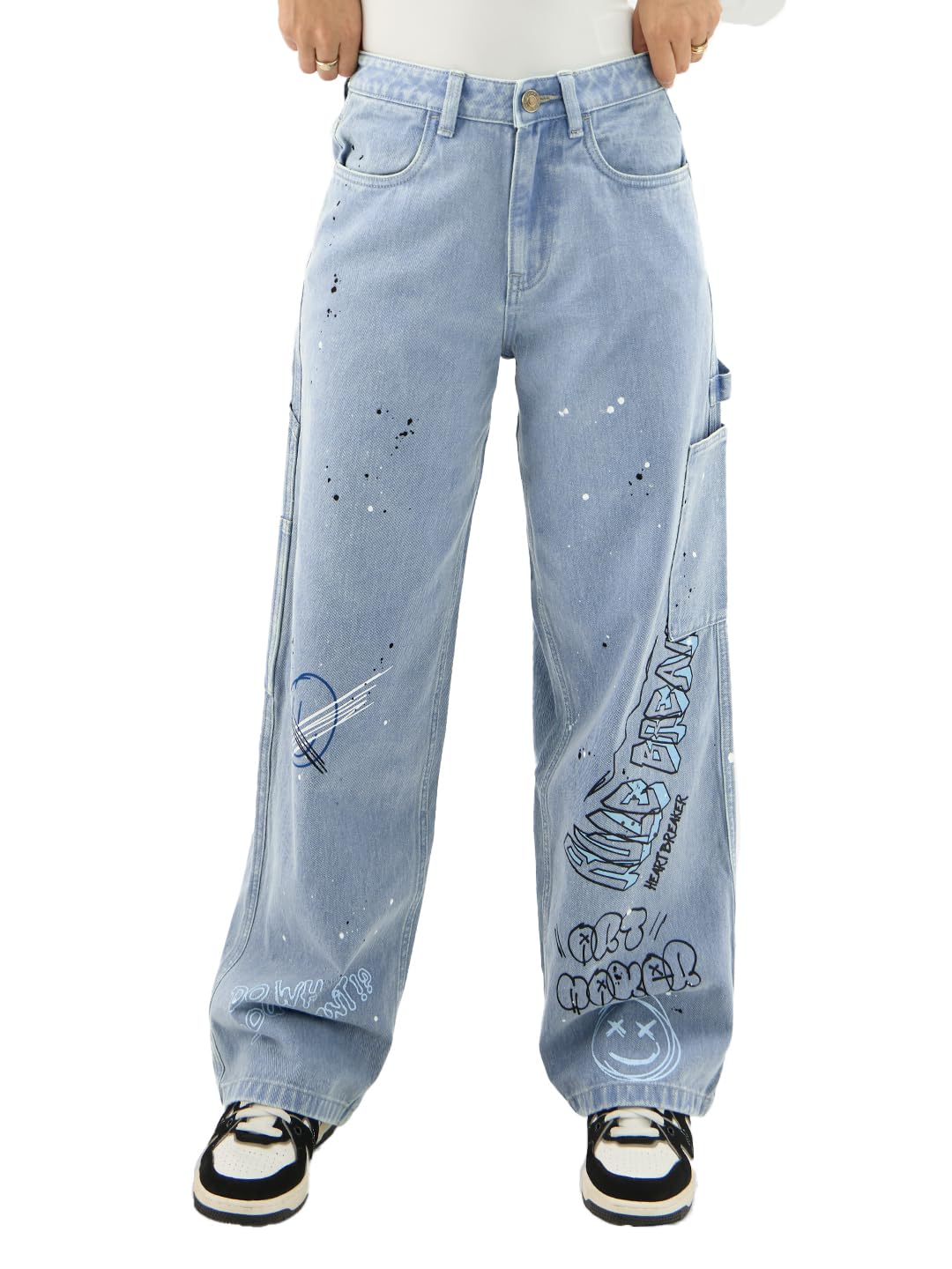 the souled store Denim: Graffiti Women and Girls Buttoned Blue Printed Cotton Blend Baggy Fit Jeans-picture-11